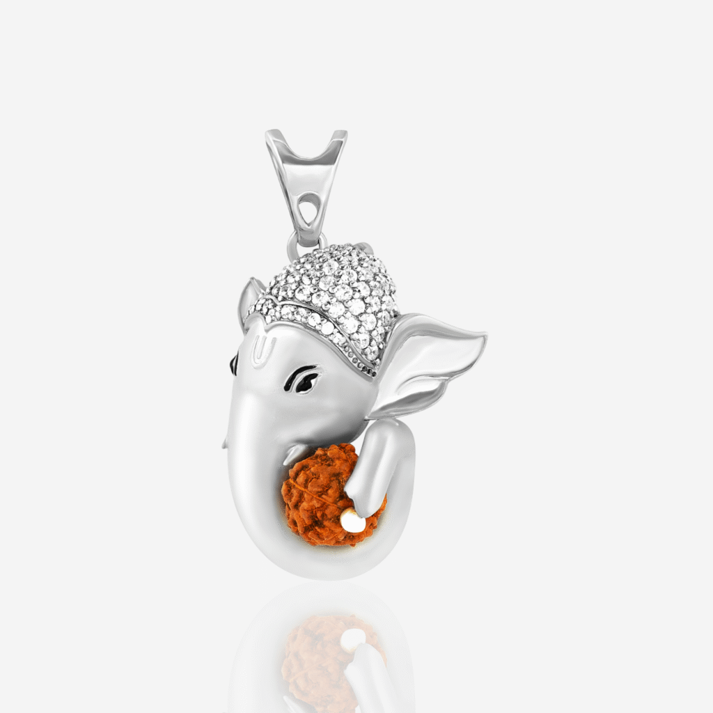 925 Silver Lord Ganesh Pendant Holding Rudraksha With Mossinate Diamonds