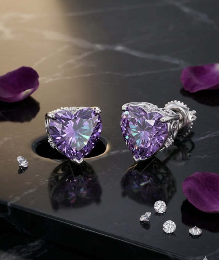 925 Silver HEART SHAPE STUDS With Mossinate Diamonds